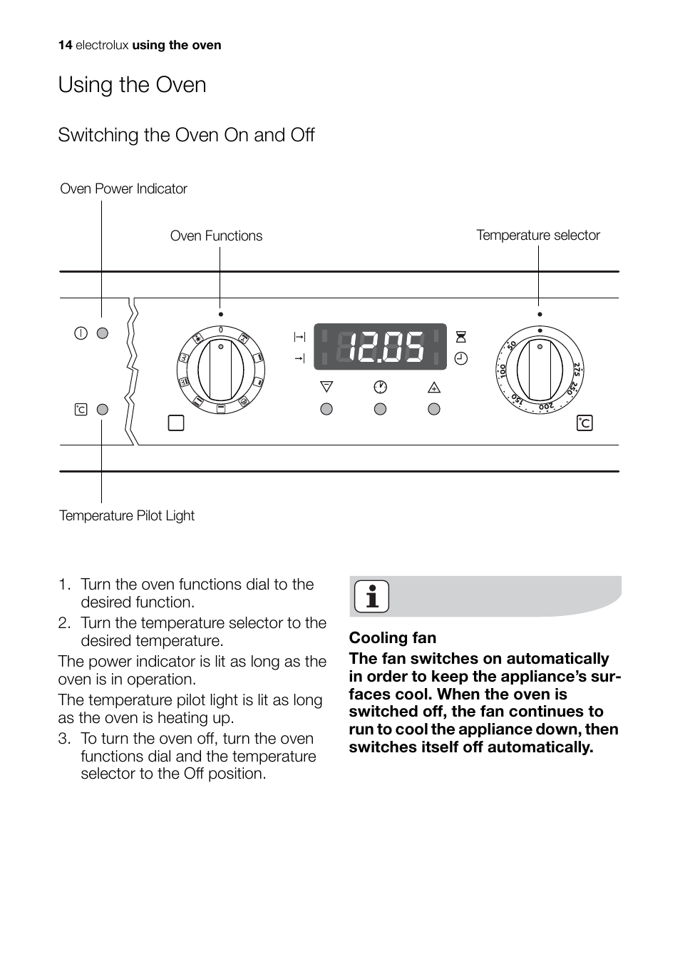 Using the oven, Switching the oven on and off | Electrolux EH L4-4 User Manual | Page 14 / 60
