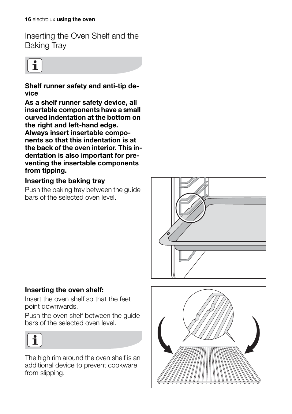 Inserting the oven shelf and the baking tray | Electrolux EH L4-4 User Manual | Page 16 / 60