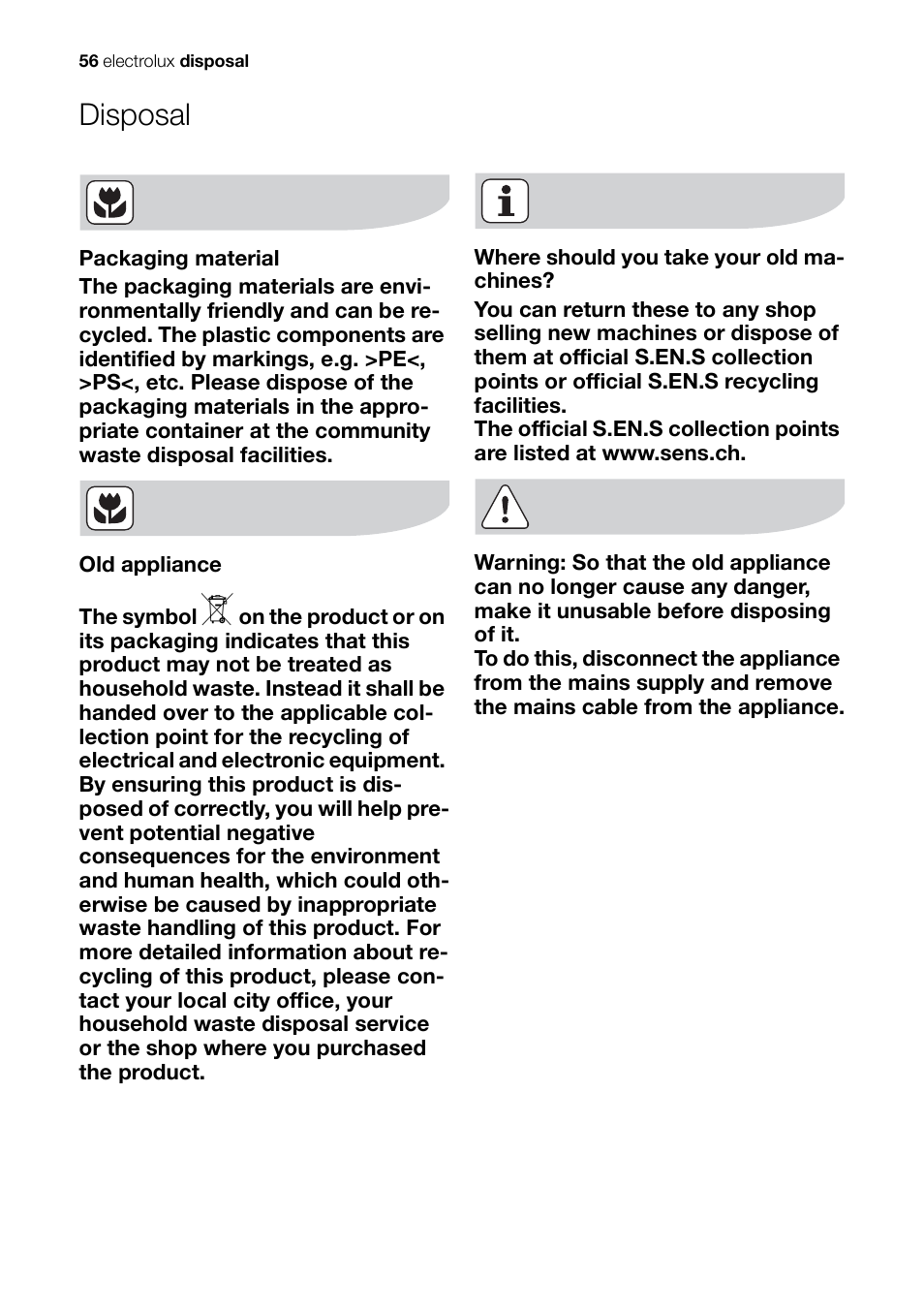 Disposal | Electrolux EH L4-4 User Manual | Page 56 / 60