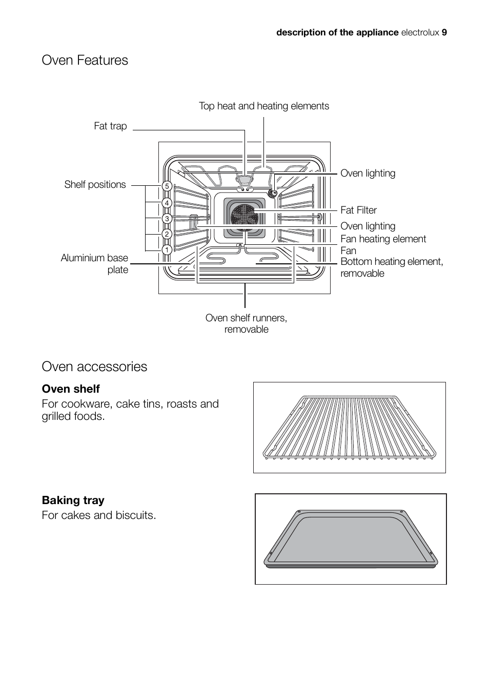 Oven features, Oven accessories | Electrolux EH L4-4 User Manual | Page 9 / 60