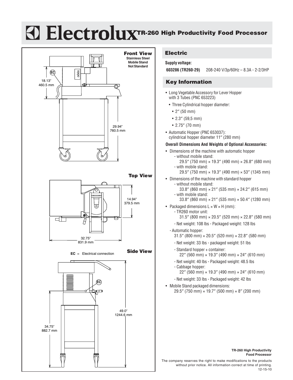 Tr-260 high productivity food processor, Electric, Key information | Electrolux Dito 603286 User Manual | Page 2 / 2