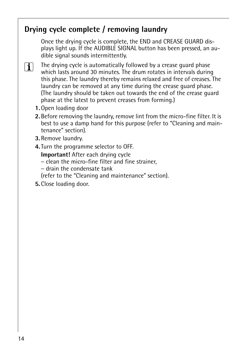 Drying cycle complete / removing laundry | Electrolux 55800 User Manual | Page 14 / 32