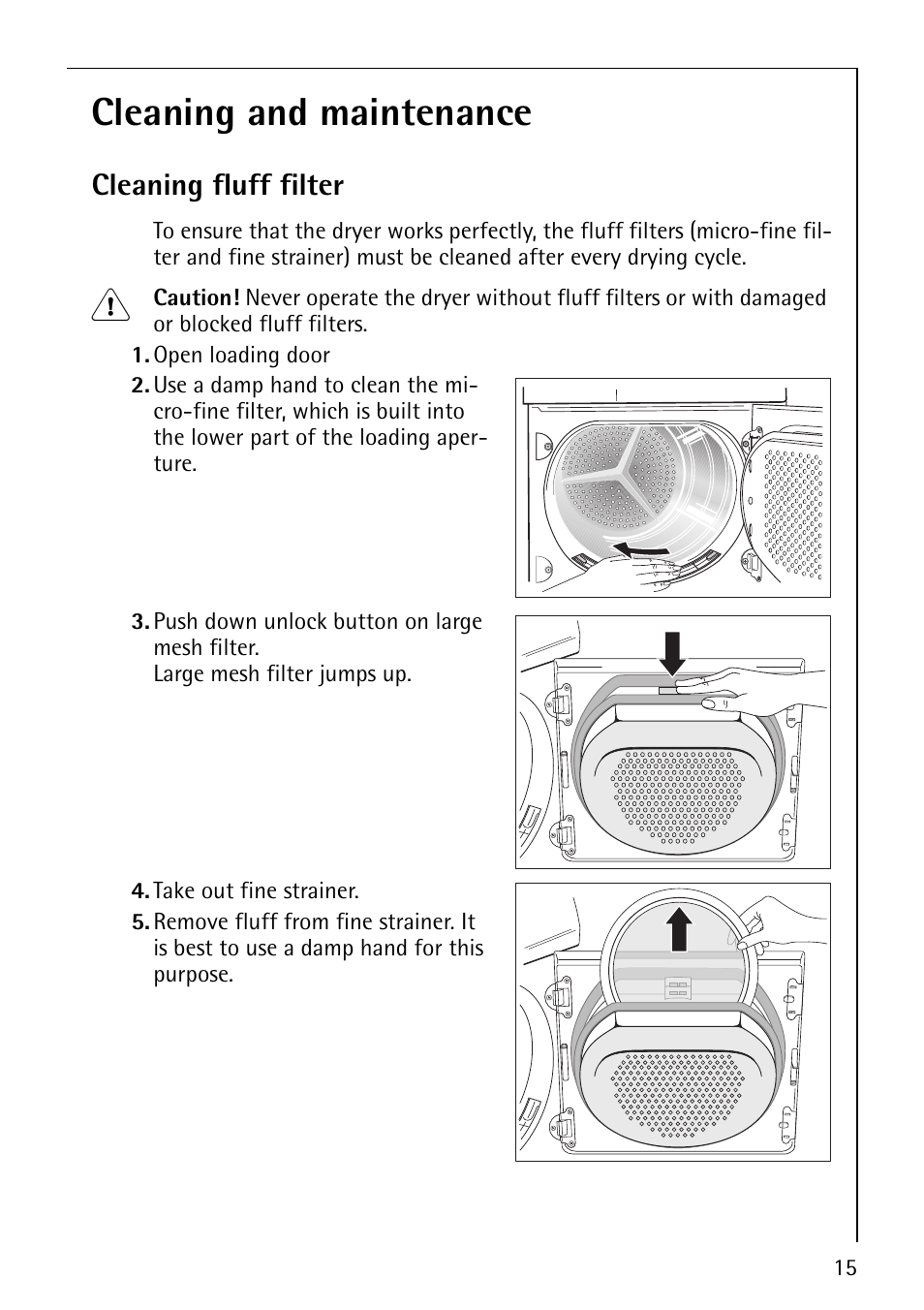 Cleaning and maintenance, Cleaning fluff filter | Electrolux 55800 User Manual | Page 15 / 32