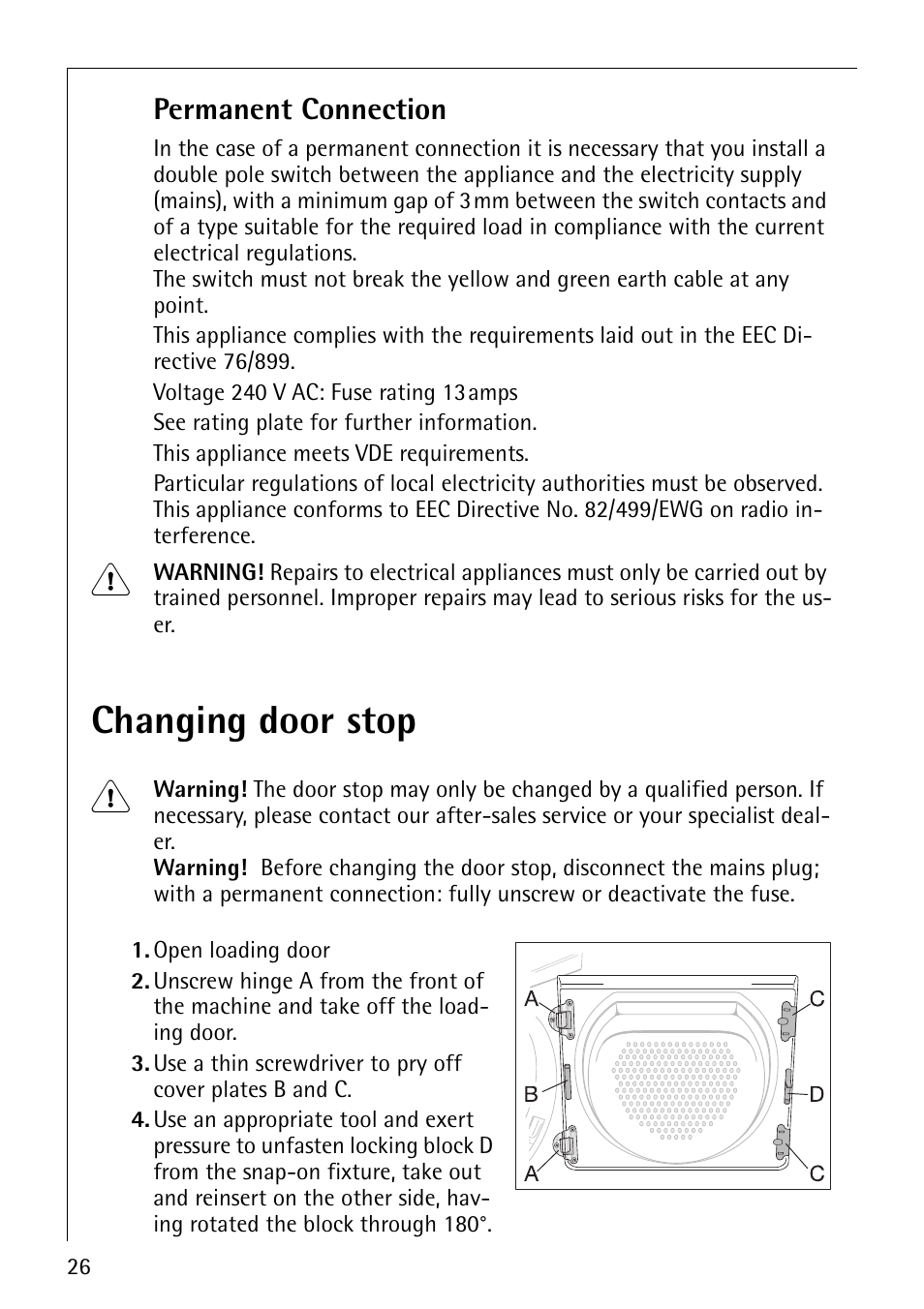 Changing door stop 1, Permanent connection | Electrolux 55800 User Manual | Page 26 / 32