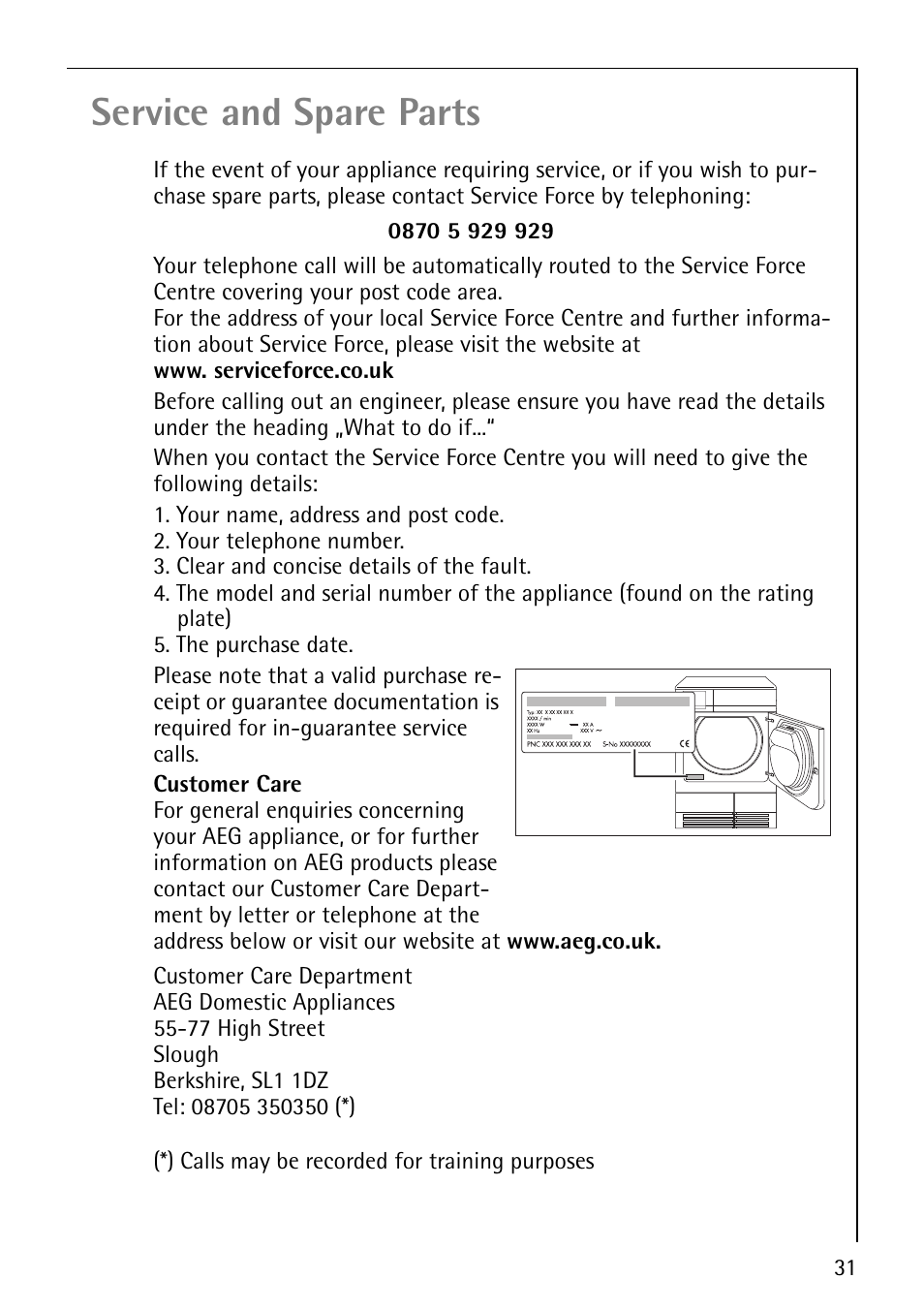 Service and spare parts | Electrolux 55800 User Manual | Page 31 / 32