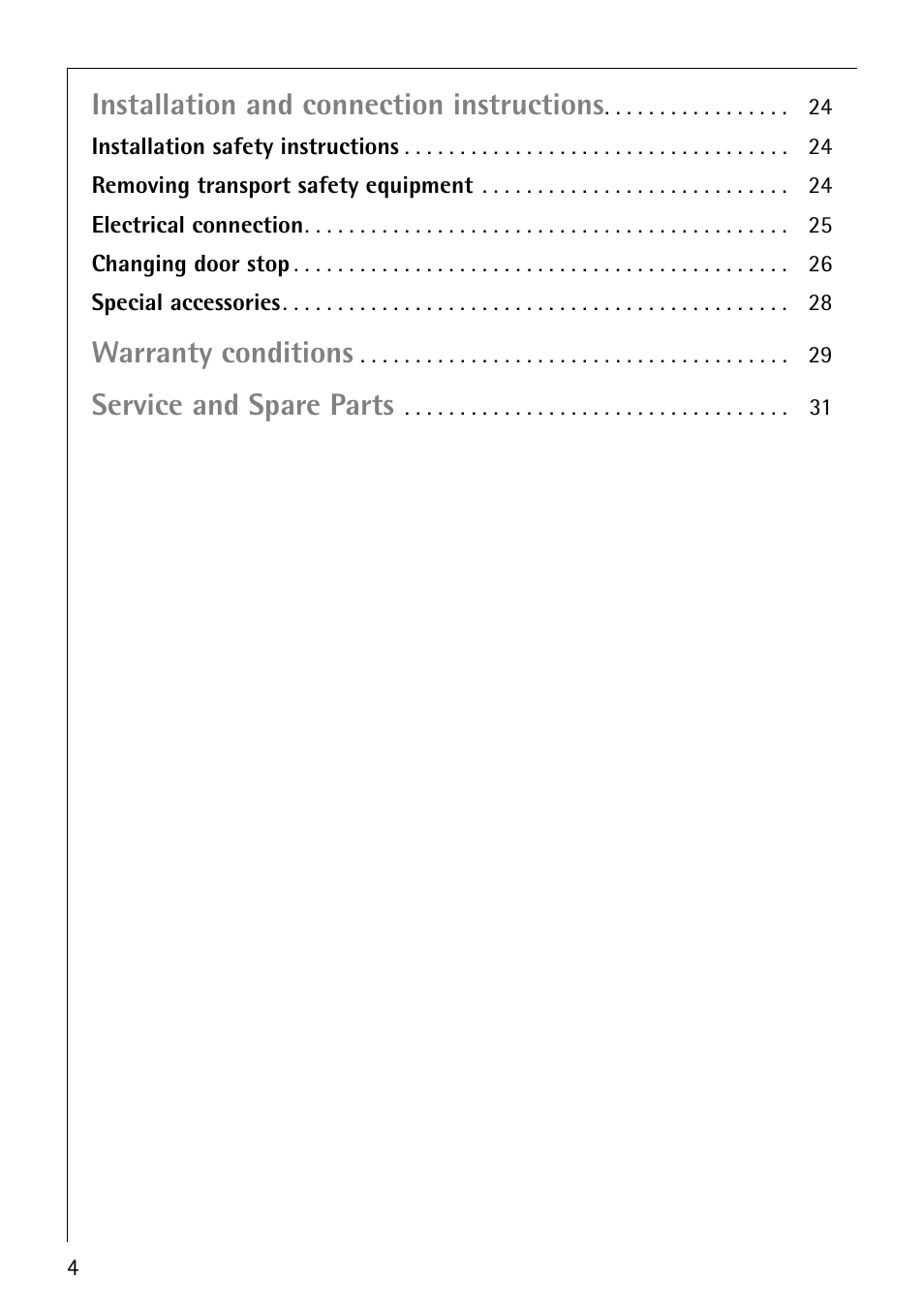 Installation and connection instructions, Warranty conditions, Service and spare parts | Electrolux 55800 User Manual | Page 4 / 32