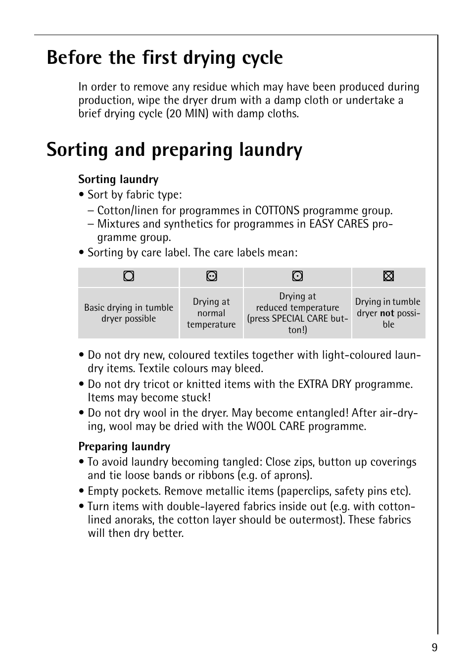 Before the first drying cycle, Sorting and preparing laundry | Electrolux 55800 User Manual | Page 9 / 32