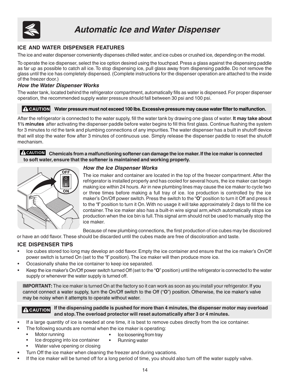 Automatic ice and water dispenser | Electrolux 241721800 User Manual | Page 14 / 25