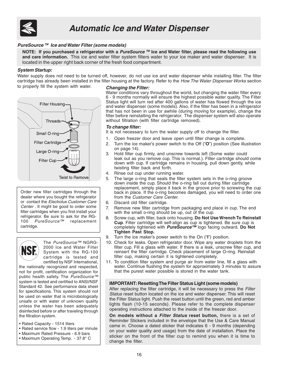 Automatic ice and water dispenser | Electrolux 241721800 User Manual | Page 16 / 25