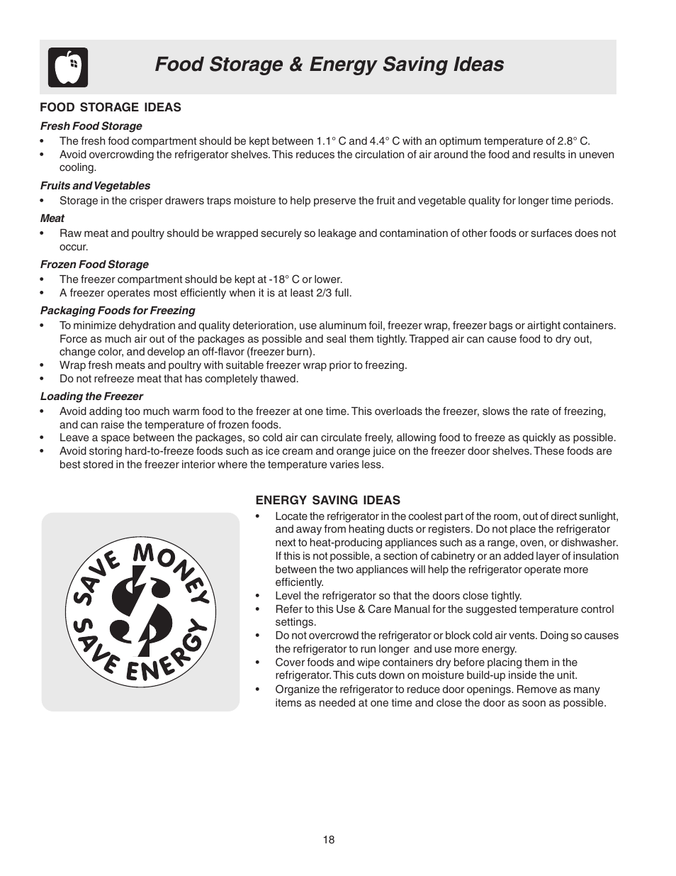 Food storage & energy saving ideas | Electrolux 241721800 User Manual | Page 18 / 25