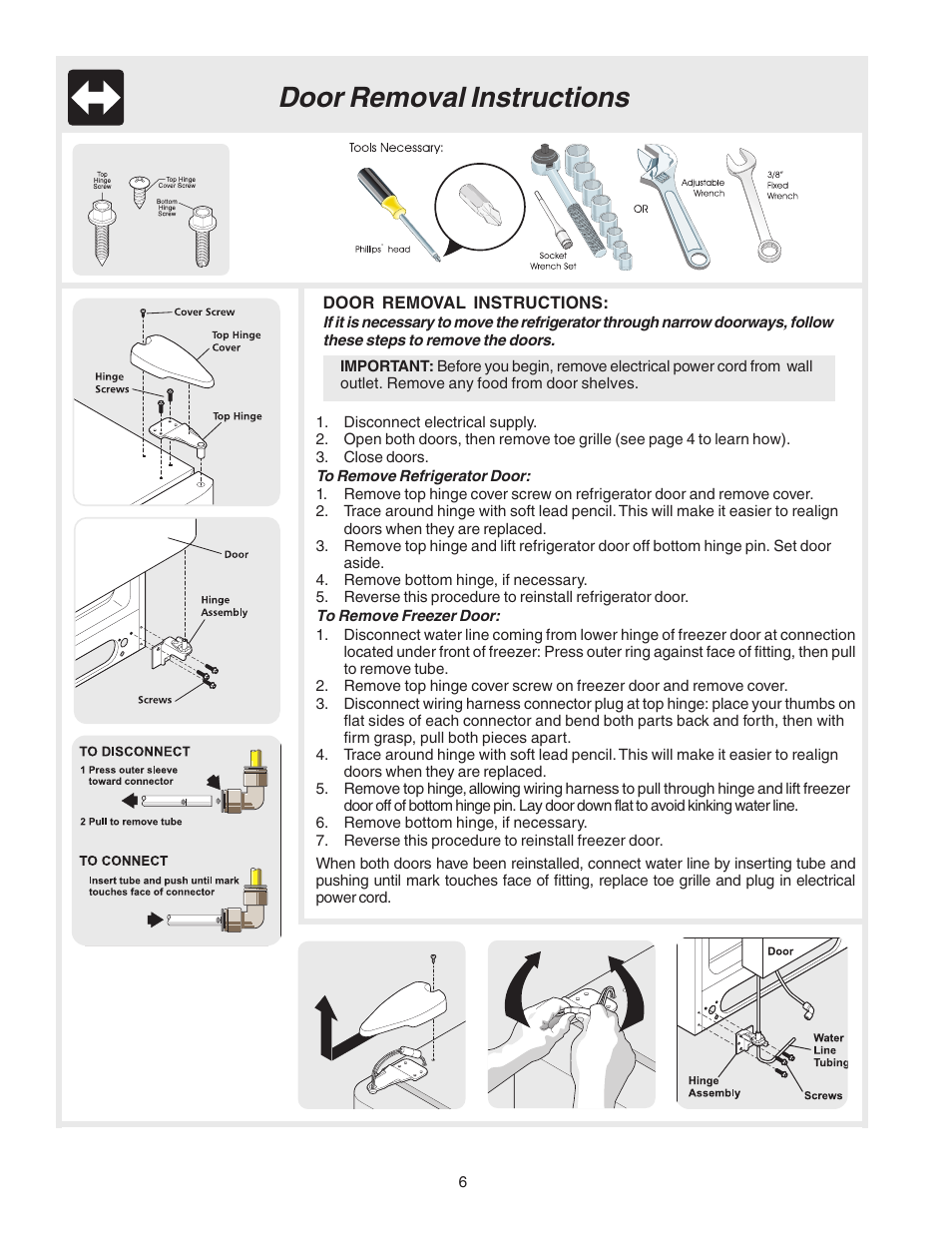 Door removal instructions | Electrolux 241721800 User Manual | Page 6 / 25