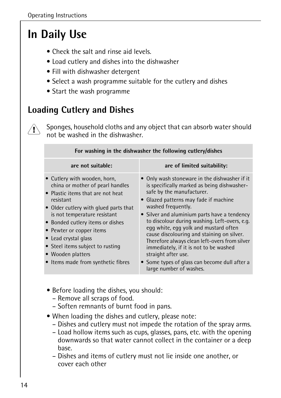 Loading cutlery and dishes | Electrolux 50500 User Manual | Page 14 / 40