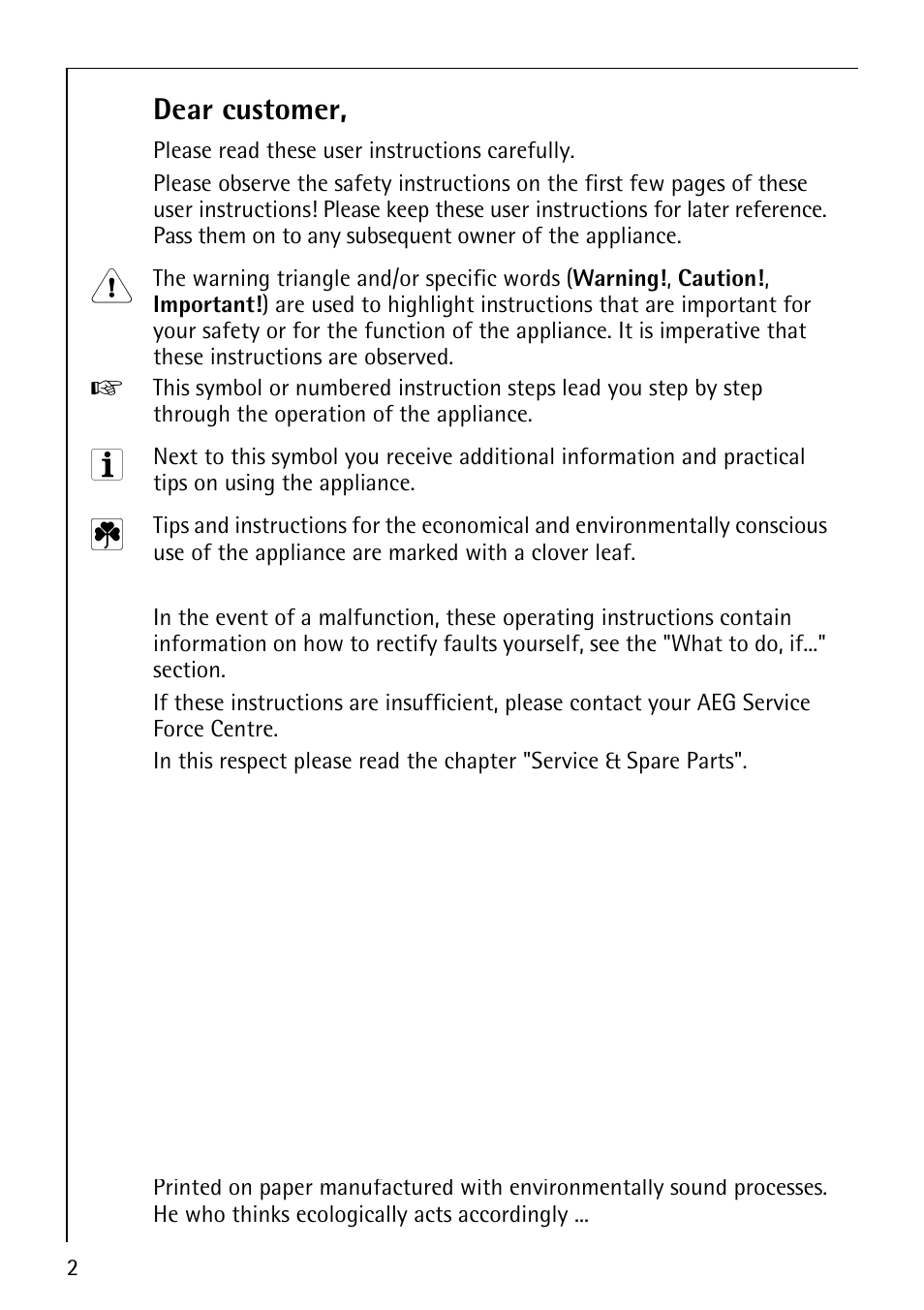 Dear customer | Electrolux 50500 User Manual | Page 2 / 40