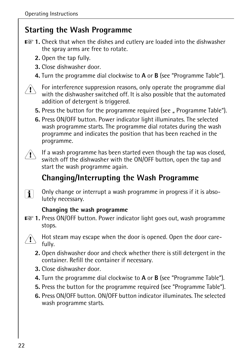 Starting the wash programme, Changing/interrupting the wash programme | Electrolux 50500 User Manual | Page 22 / 40