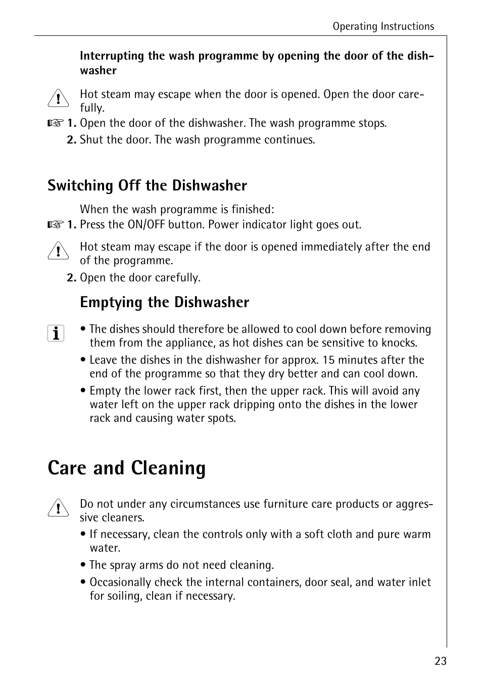 Care and cleaning, Switching off the dishwasher, Emptying the dishwasher | Electrolux 50500 User Manual | Page 23 / 40