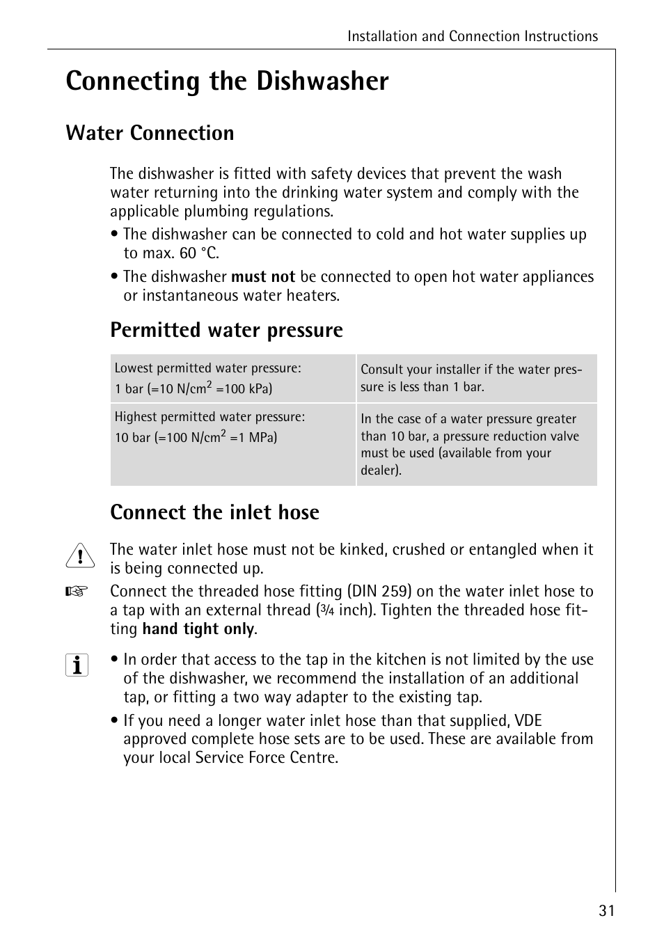 Connecting the dishwasher, Water connection, Permitted water pressure connect the inlet hose | Electrolux 50500 User Manual | Page 31 / 40