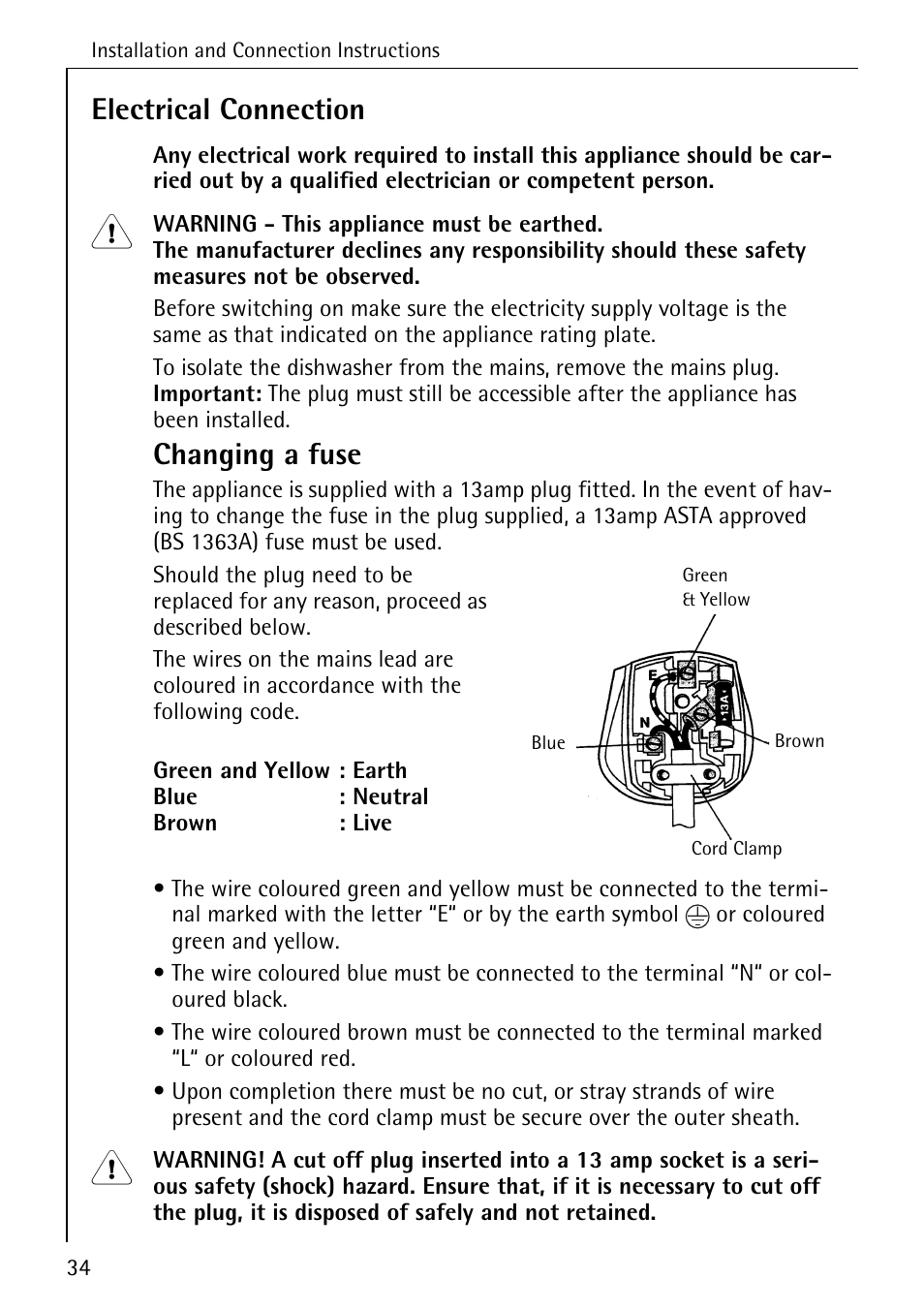 Electrical connection, Changing a fuse | Electrolux 50500 User Manual | Page 34 / 40