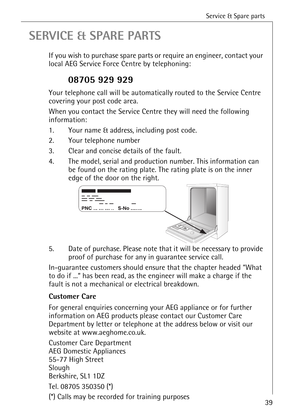 Service & spare parts | Electrolux 50500 User Manual | Page 39 / 40