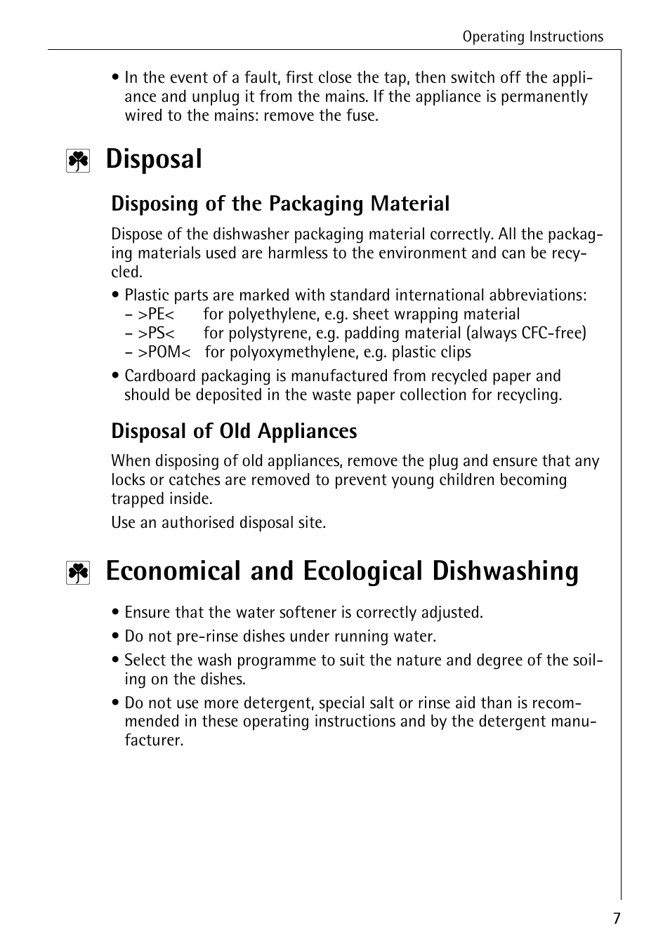 Disposal, Economical and ecological dishwashing, Disposing of the packaging material | Disposal of old appliances | Electrolux 50500 User Manual | Page 7 / 40