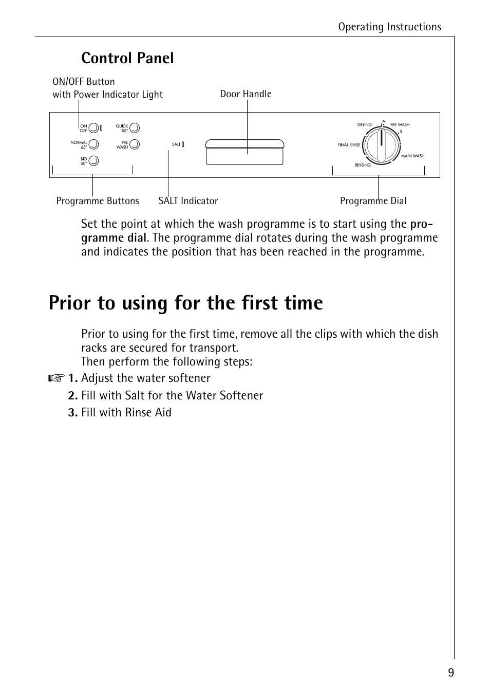 Prior to using for the first time, Control panel | Electrolux 50500 User Manual | Page 9 / 40