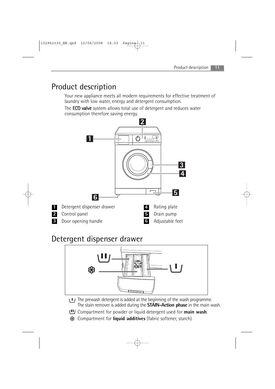 Product description, Detergent dispenser drawer | Electrolux WA GLE S7000 User Manual | Page 11 / 48