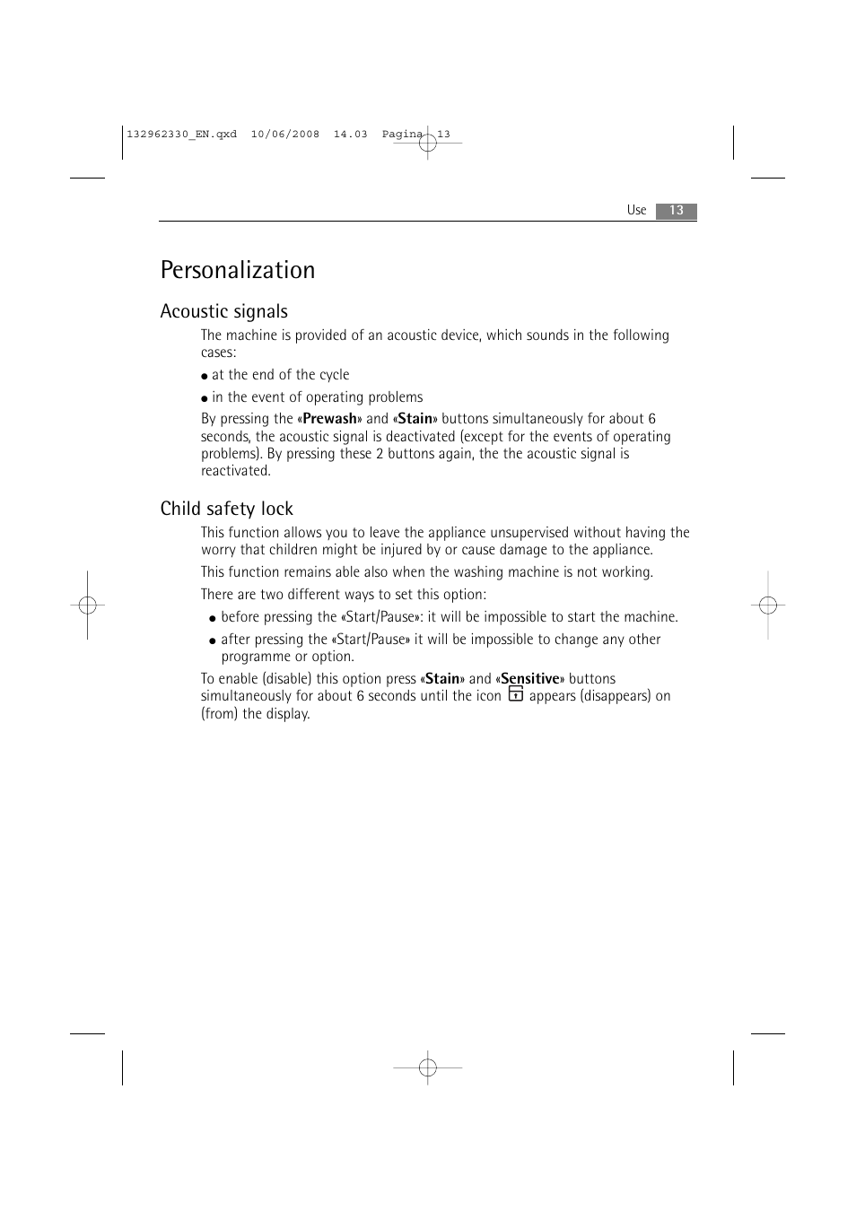 Personalization, Acoustic signals, Child safety lock | Electrolux WA GLE S7000 User Manual | Page 13 / 48