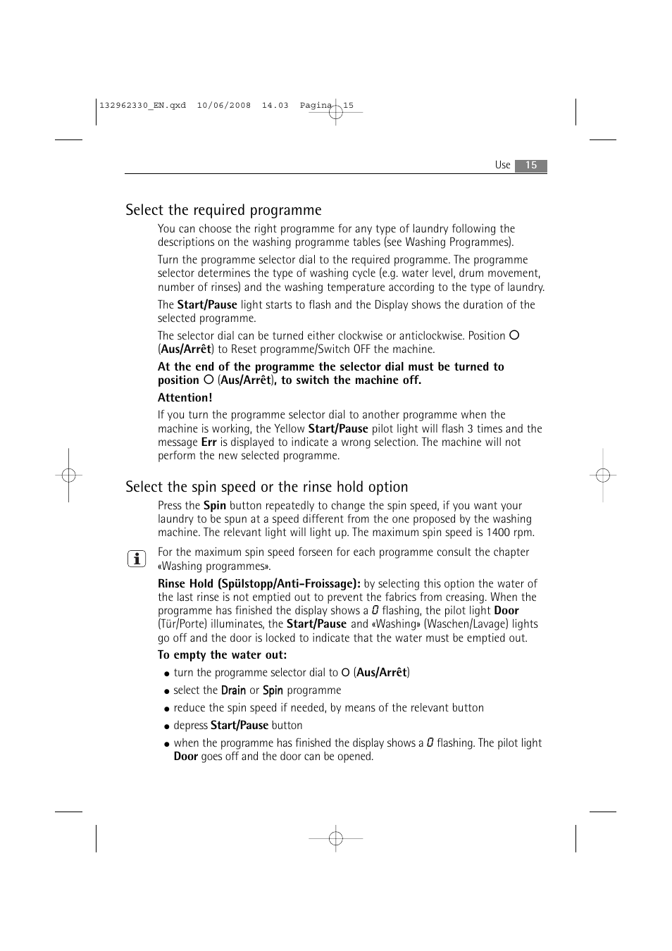 Select the required programme, Select the spin speed or the rinse hold option | Electrolux WA GLE S7000 User Manual | Page 15 / 48