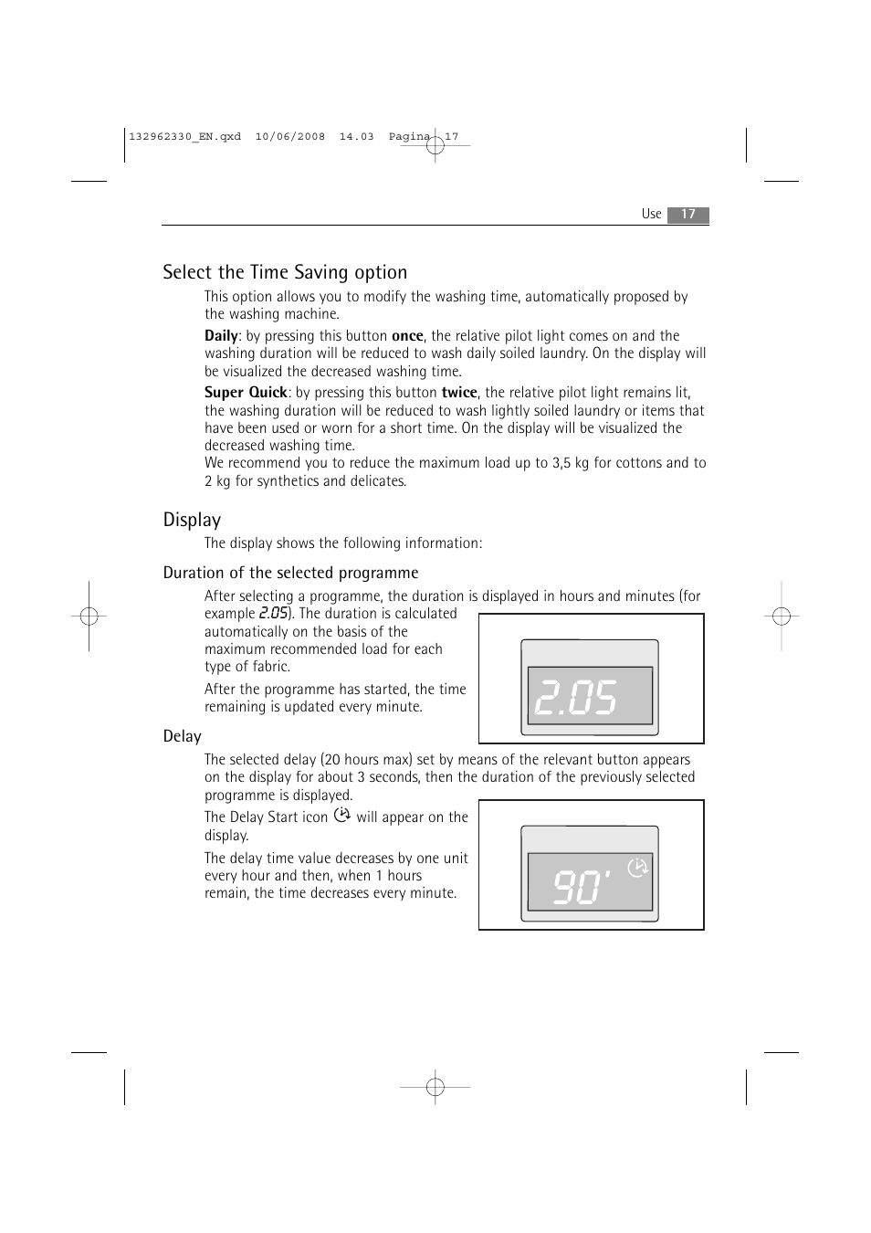 Select the time saving option, Display | Electrolux WA GLE S7000 User Manual | Page 17 / 48