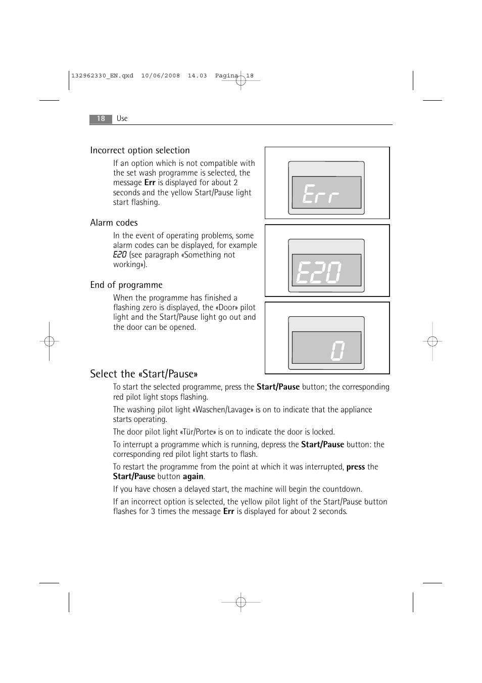 Select the «start/pause | Electrolux WA GLE S7000 User Manual | Page 18 / 48