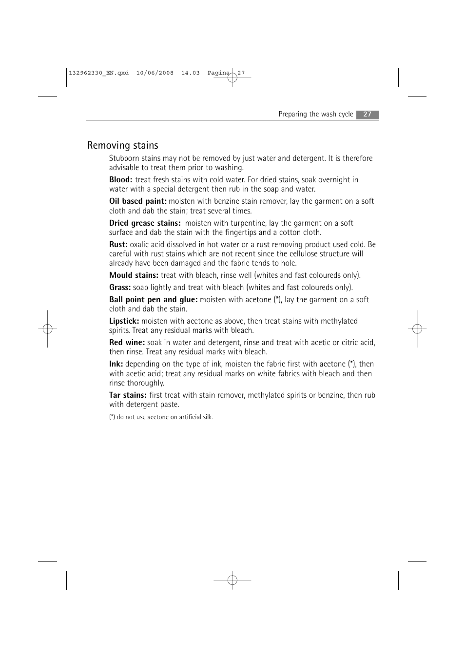 Removing stains | Electrolux WA GLE S7000 User Manual | Page 27 / 48