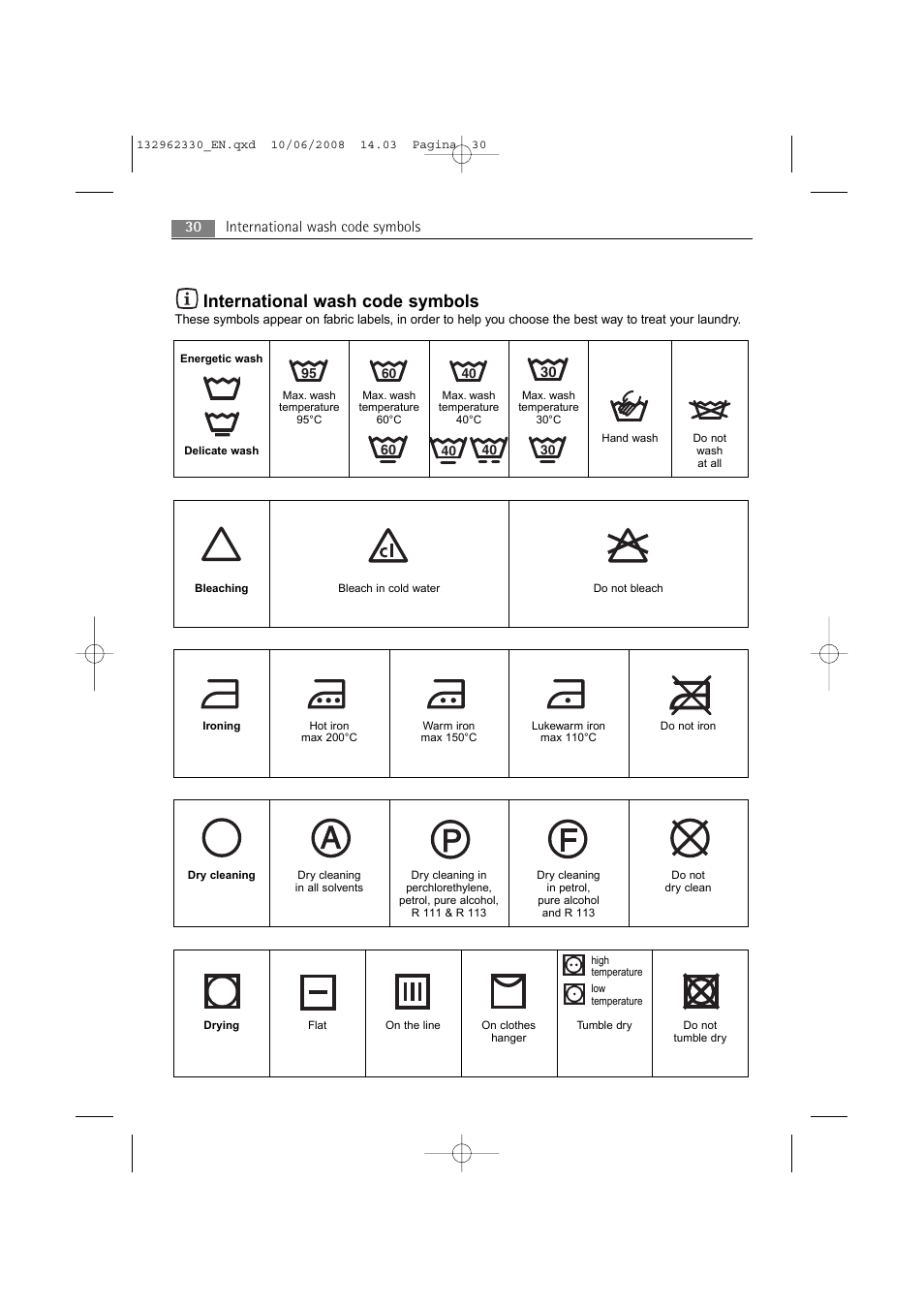 International wash code symbols, 30 international wash code symbols | Electrolux WA GLE S7000 User Manual | Page 30 / 48