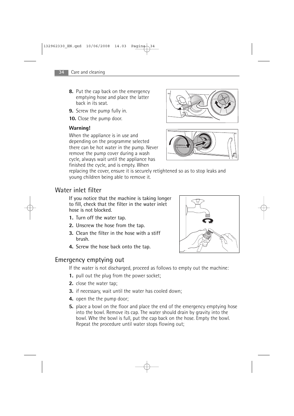 Water inlet filter, Emergency emptying out | Electrolux WA GLE S7000 User Manual | Page 34 / 48