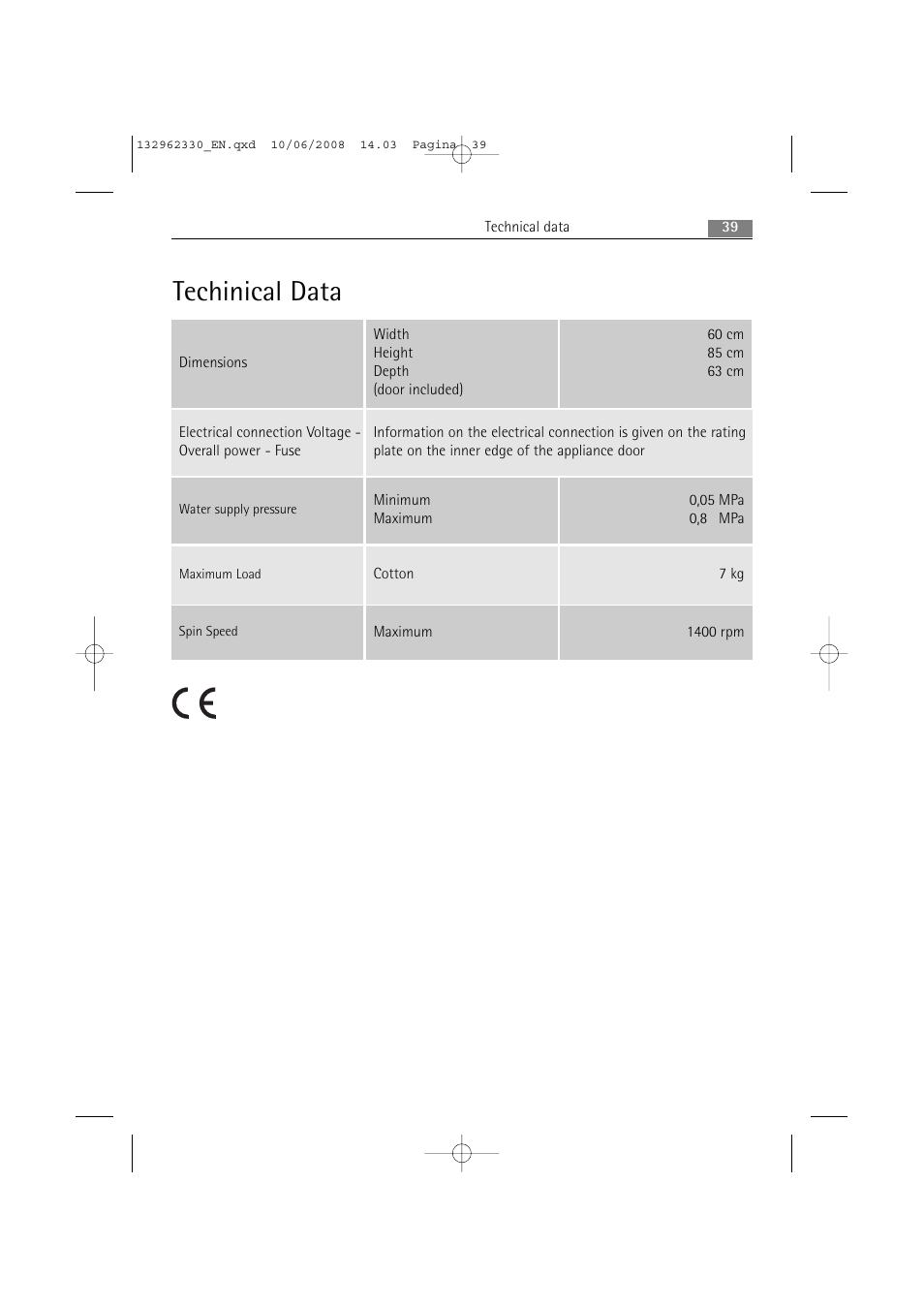Techinical data | Electrolux WA GLE S7000 User Manual | Page 39 / 48