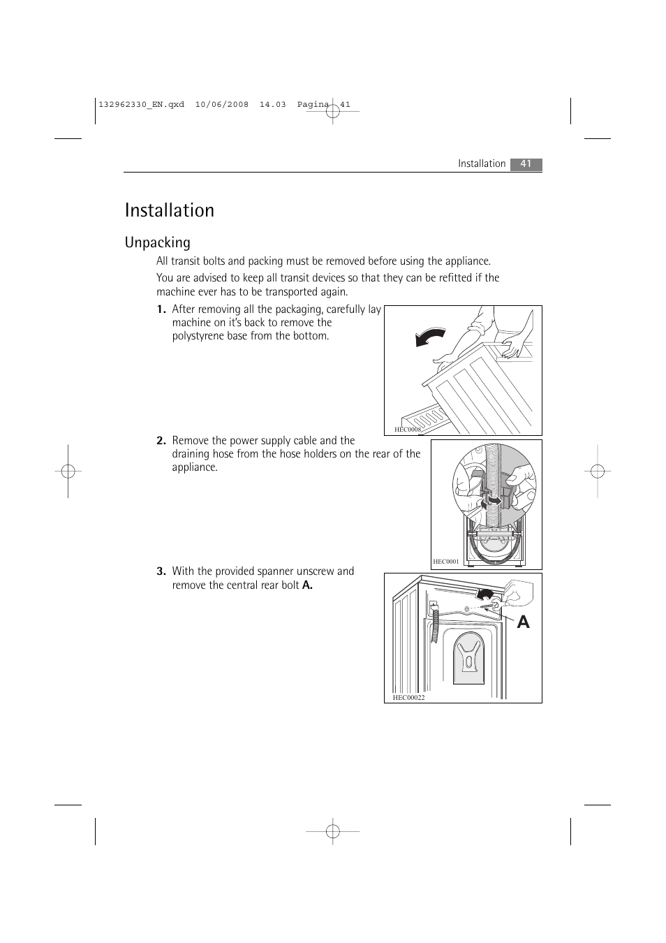 Installation, Unpacking | Electrolux WA GLE S7000 User Manual | Page 41 / 48