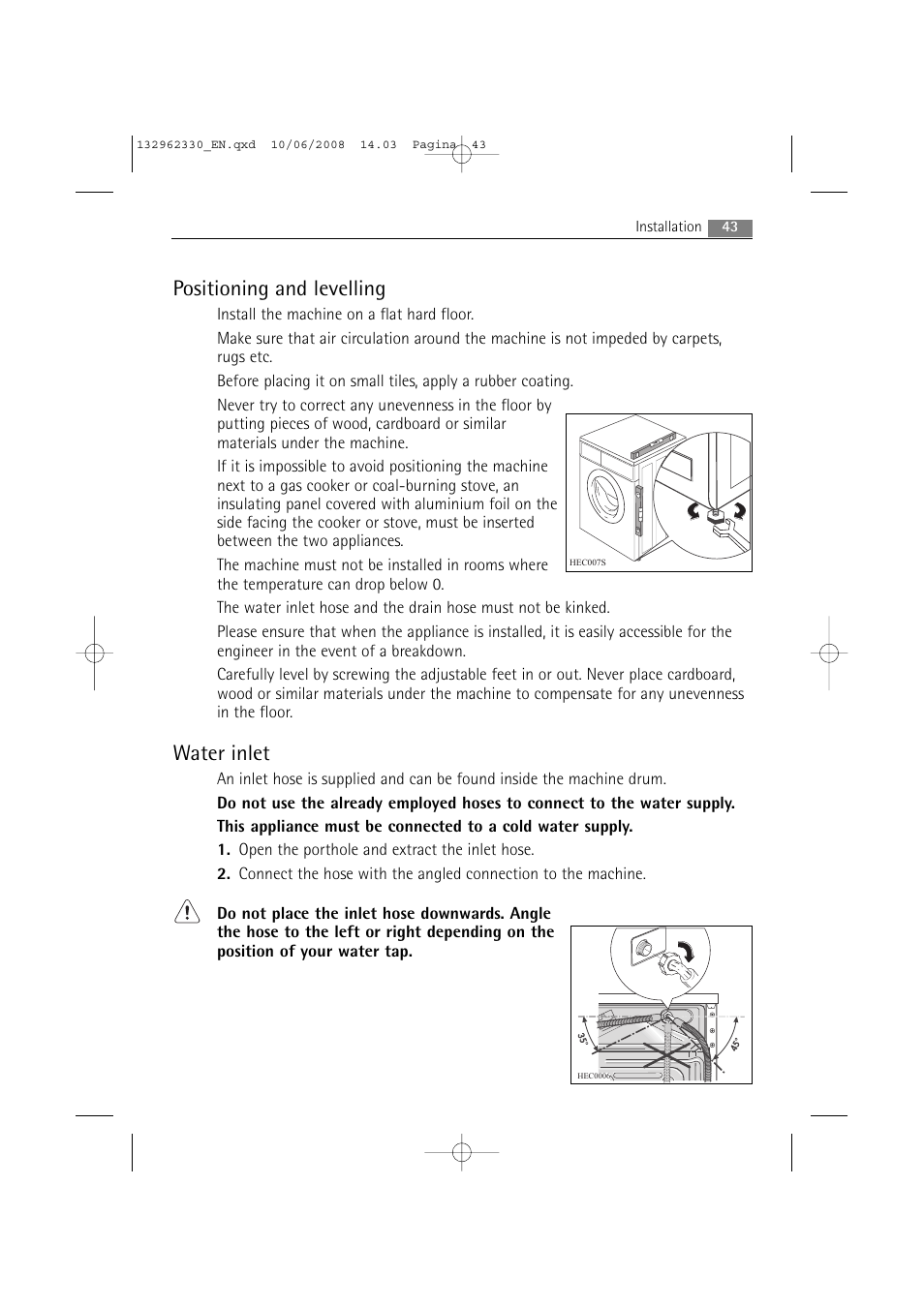 Positioning and levelling, Water inlet | Electrolux WA GLE S7000 User Manual | Page 43 / 48