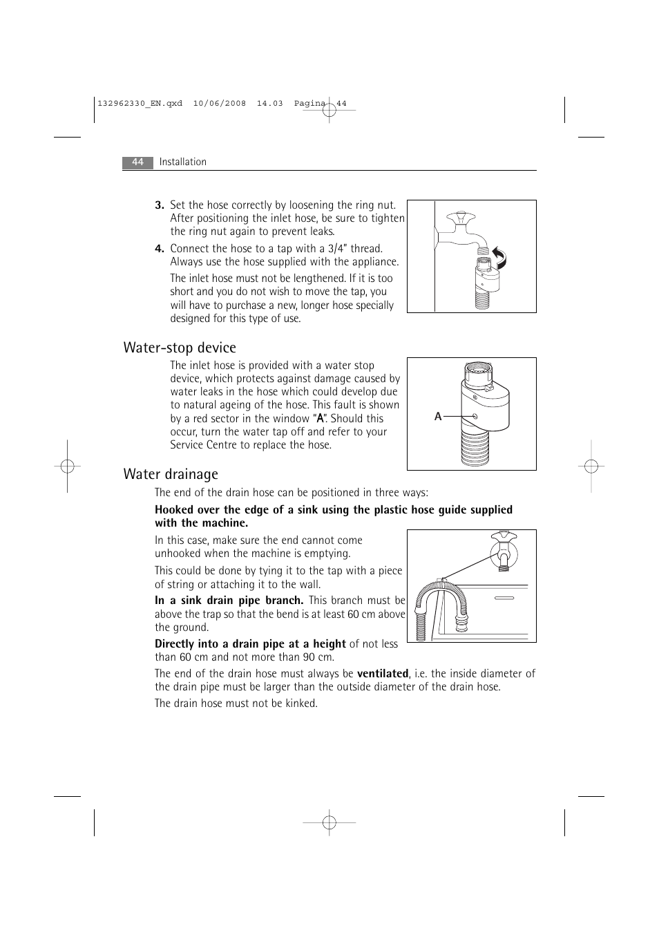 Water-stop device, Water drainage | Electrolux WA GLE S7000 User Manual | Page 44 / 48