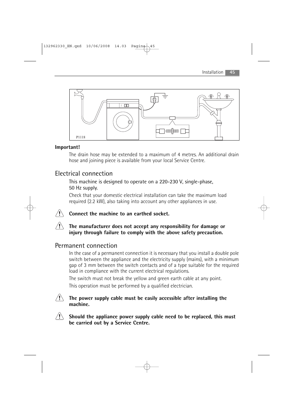 Electrical connection, Permanent connection | Electrolux WA GLE S7000 User Manual | Page 45 / 48