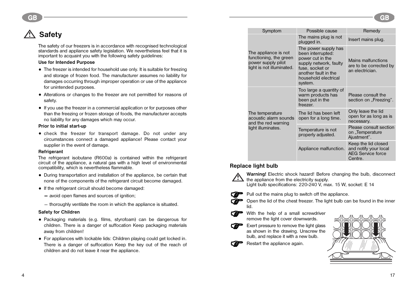 Safety | Electrolux Chest freezers User Manual | Page 4 / 10