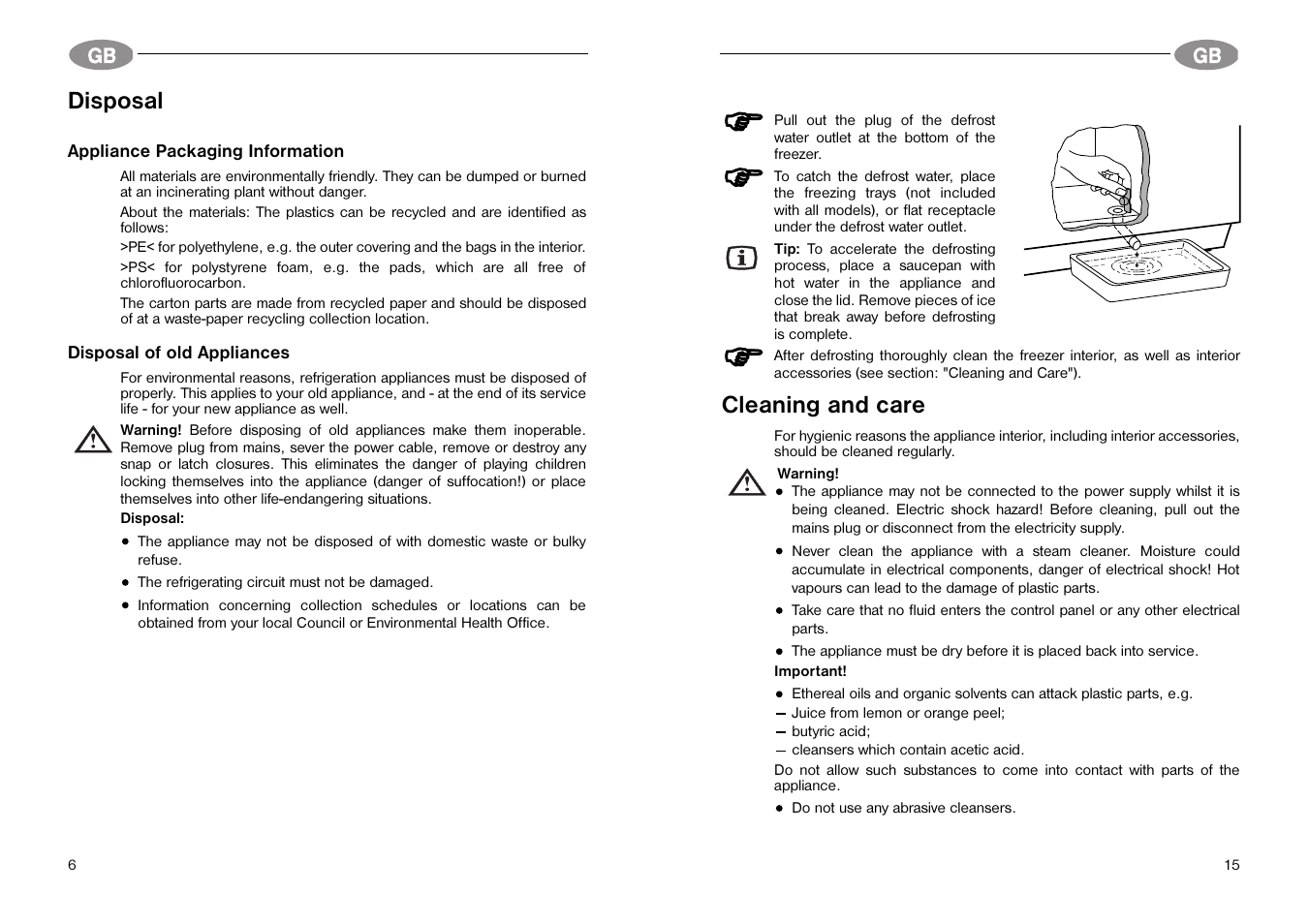 Disposal, Cleaning and care | Electrolux Chest freezers User Manual | Page 6 / 10