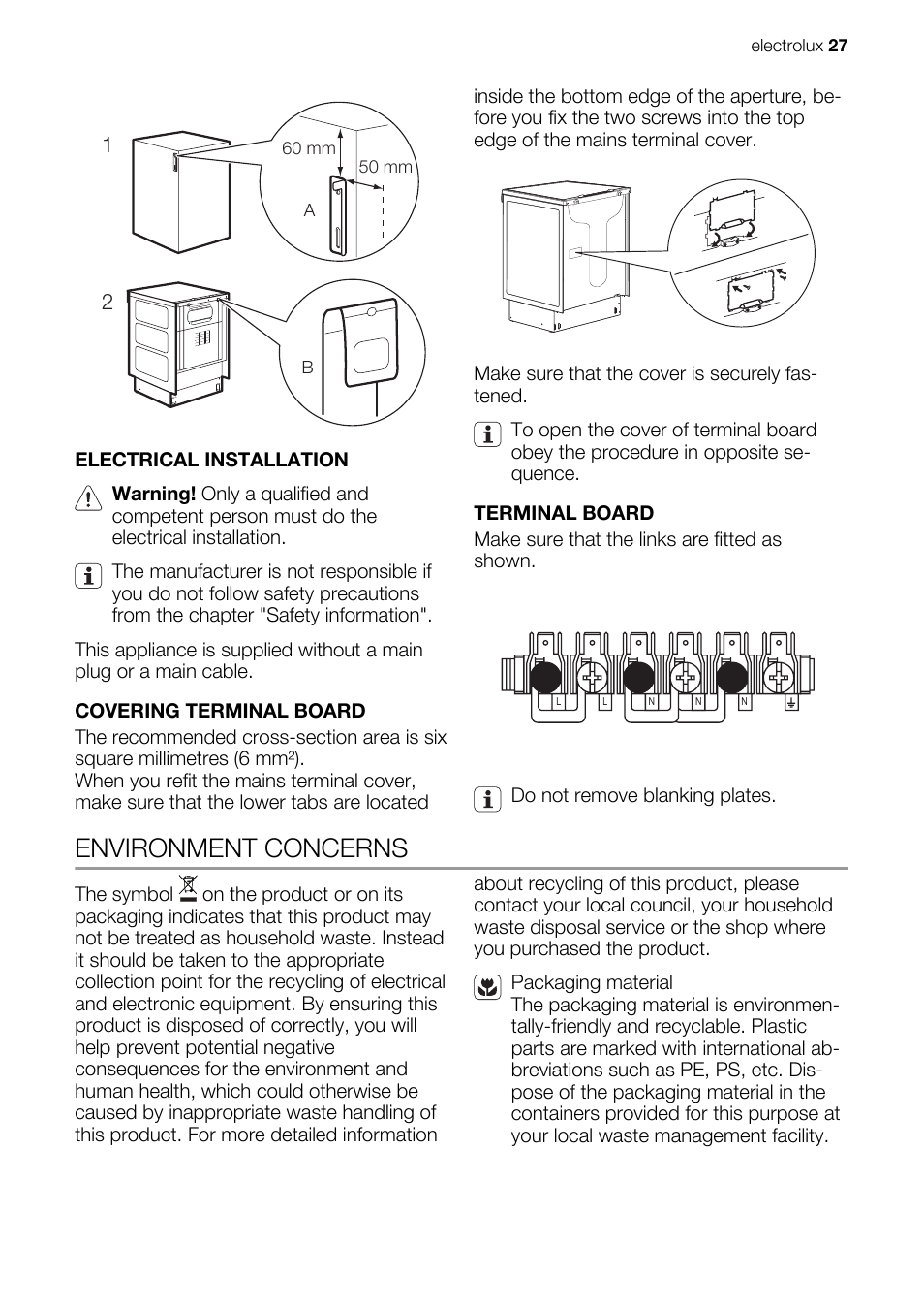 Environment concerns | Electrolux EKC607601 User Manual | Page 27 / 28