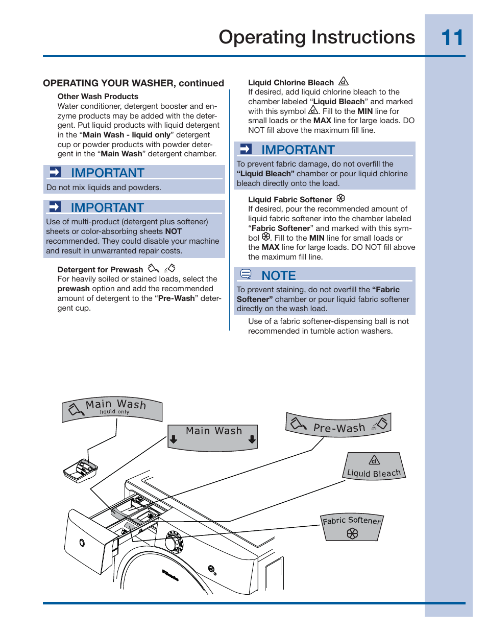 Operating instructions, Important | Electrolux WAVE-TOUCH 137356900 A User Manual | Page 11 / 44