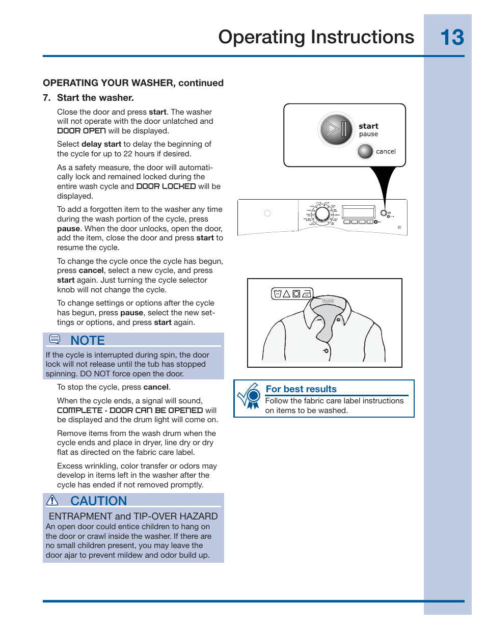 Operating instructions, Caution | Electrolux WAVE-TOUCH 137356900 A User Manual | Page 13 / 44