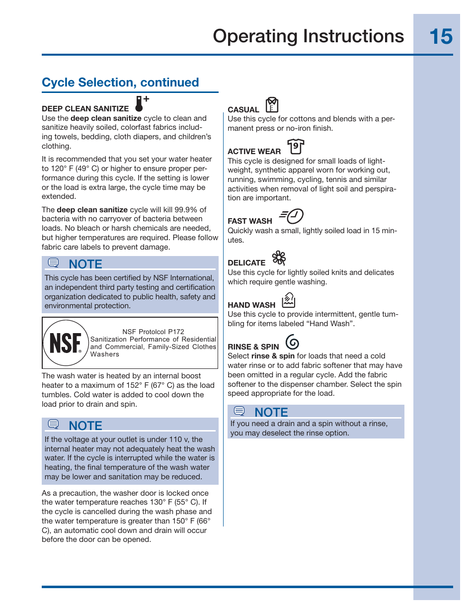 Operating instructions, Cycle selection, continued | Electrolux WAVE-TOUCH 137356900 A User Manual | Page 15 / 44