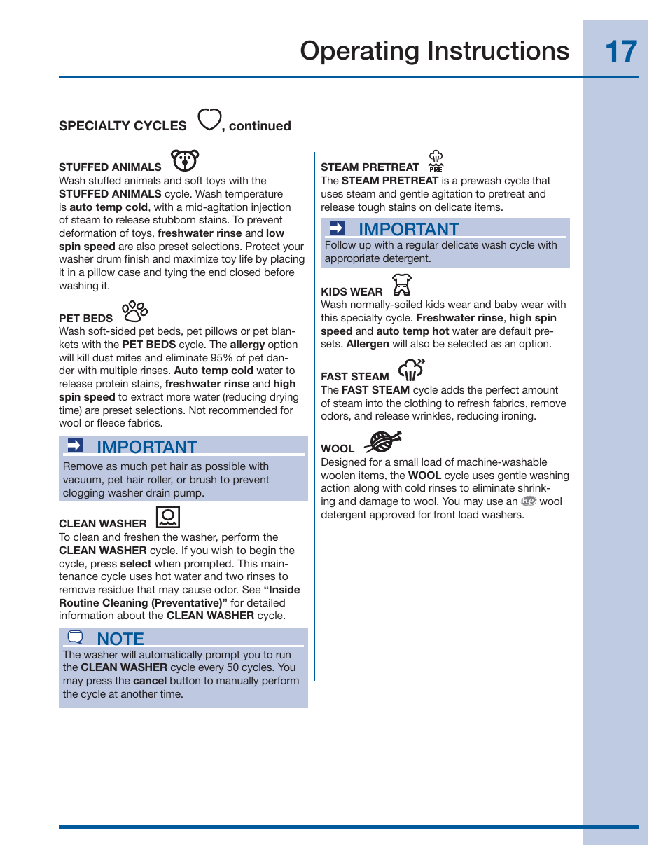 Operating instructions, Important | Electrolux WAVE-TOUCH 137356900 A User Manual | Page 17 / 44