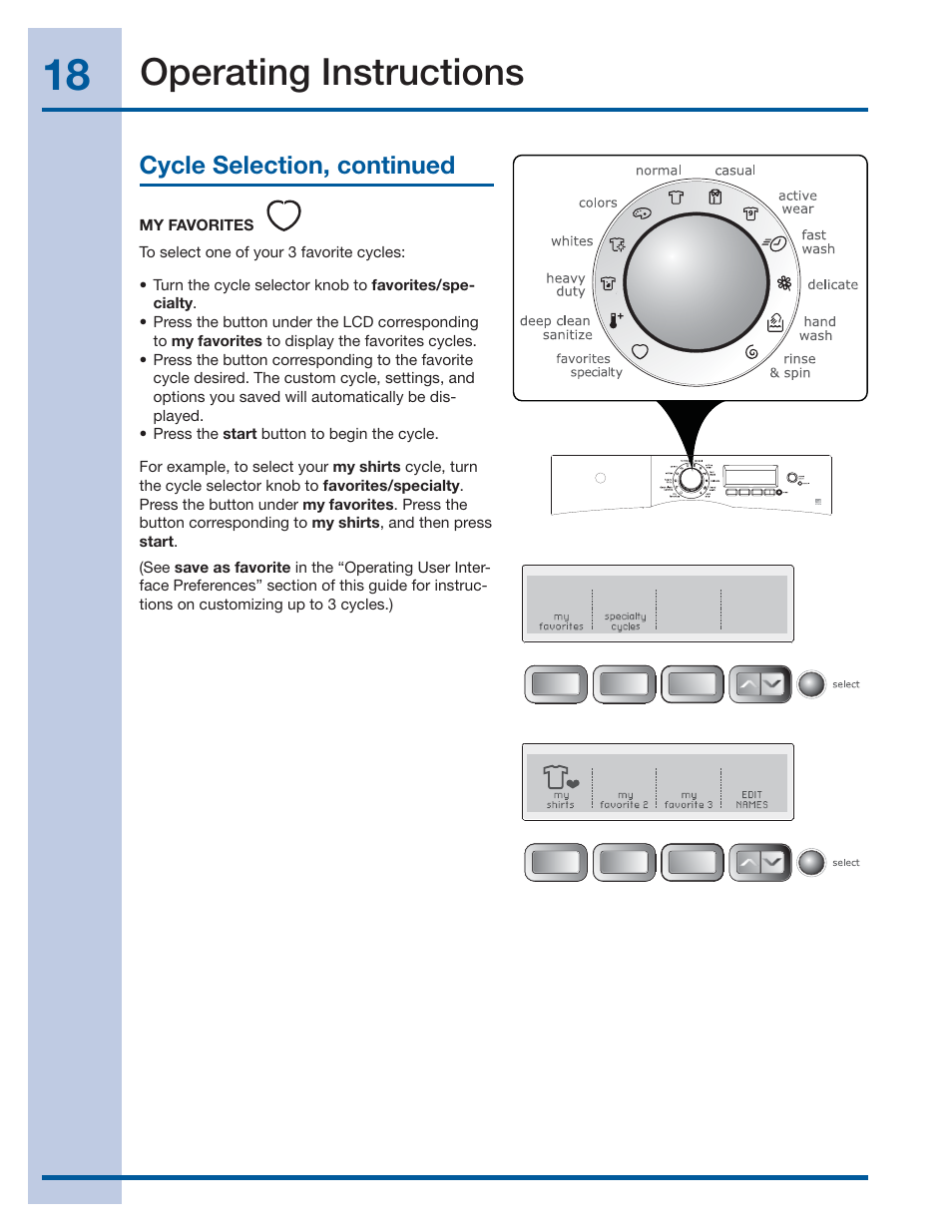 Operating instructions, Cycle selection, continued | Electrolux WAVE-TOUCH 137356900 A User Manual | Page 18 / 44