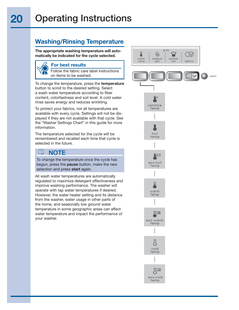 Operating instructions | Electrolux WAVE-TOUCH 137356900 A User Manual | Page 20 / 44