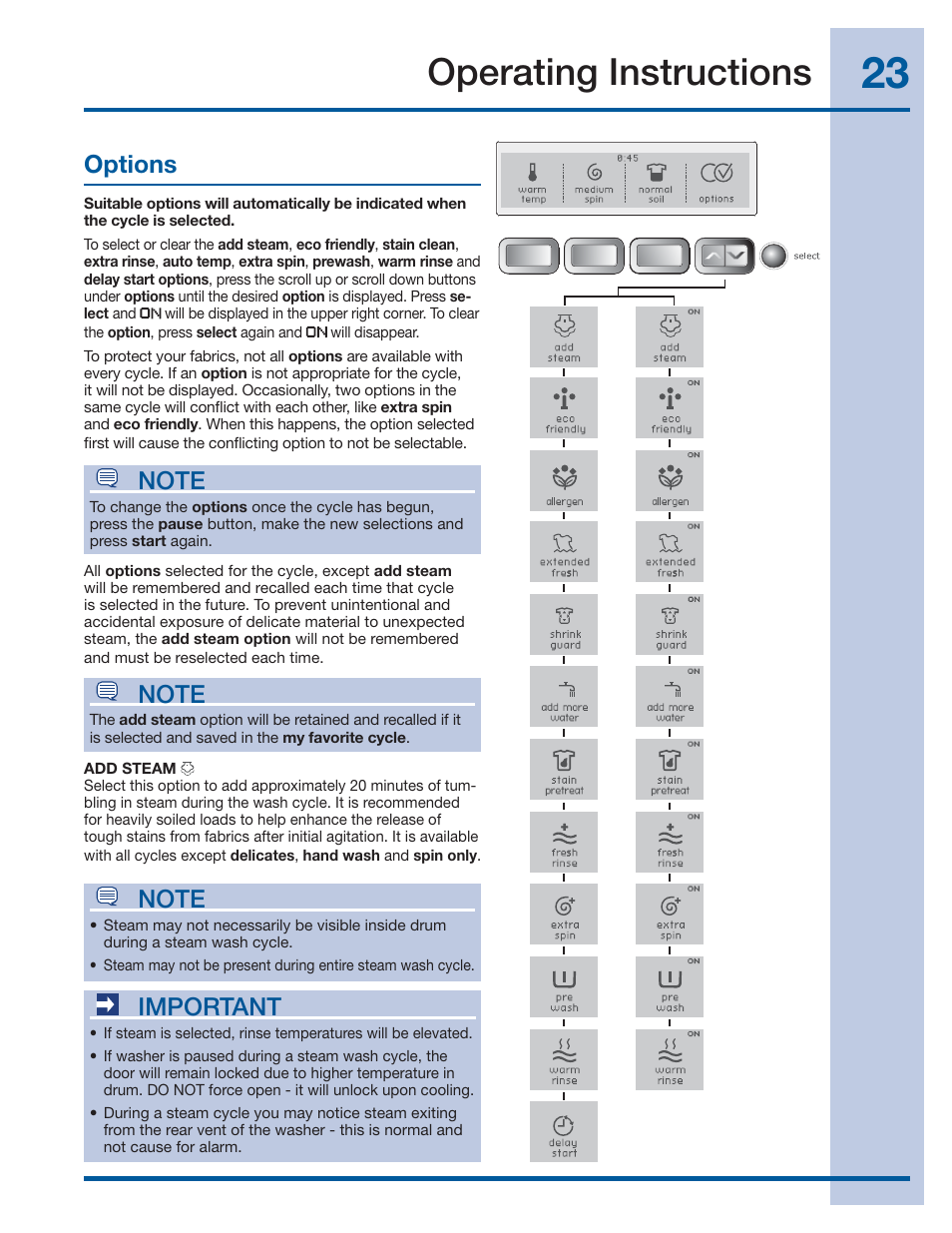 Operating instructions, Important | Electrolux WAVE-TOUCH 137356900 A User Manual | Page 23 / 44