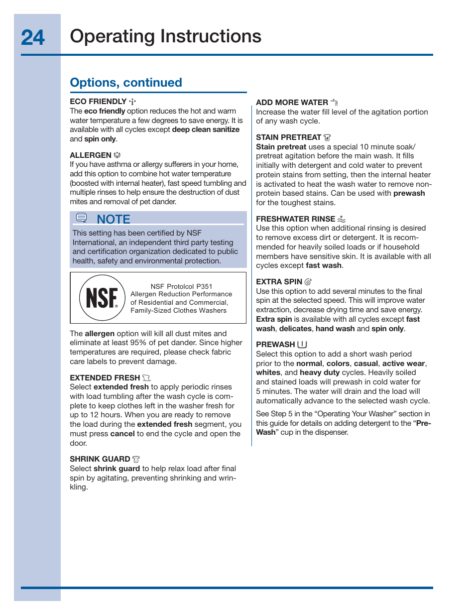 Operating instructions, Options, continued | Electrolux WAVE-TOUCH 137356900 A User Manual | Page 24 / 44