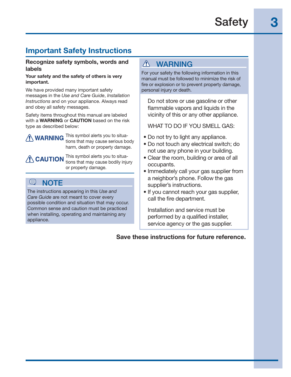 Safety, Warning | Electrolux WAVE-TOUCH 137356900 A User Manual | Page 3 / 44