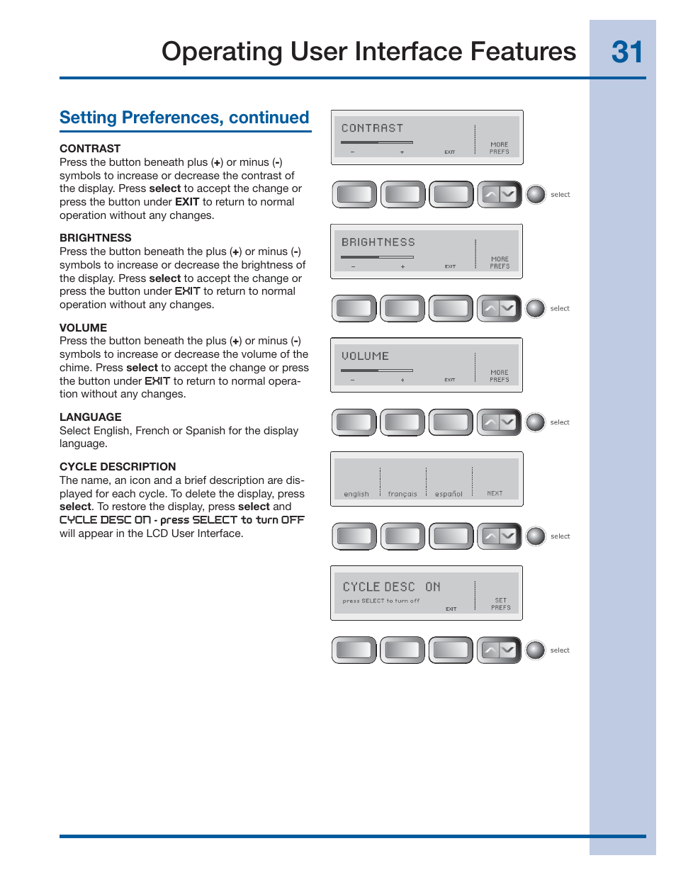 Operating user interface features, Setting preferences, continued | Electrolux WAVE-TOUCH 137356900 A User Manual | Page 31 / 44